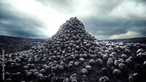 heap of skulls. Apocalypse and hell concept. 3d rendering. photo