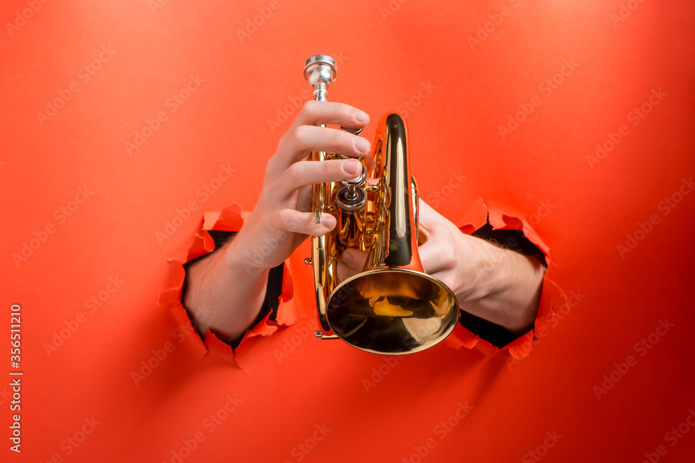 Obraz premium Hands playing pocket trumpet torn holes in red paper background