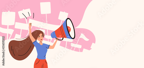 Activist woman shouting in loudspeaker at demonstration. Announcement concept
