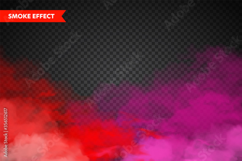 Realistic colorful smoke clouds, mist effect. Fog isolated on transparent background. Vapor in air, steam flow. Vector illustration.