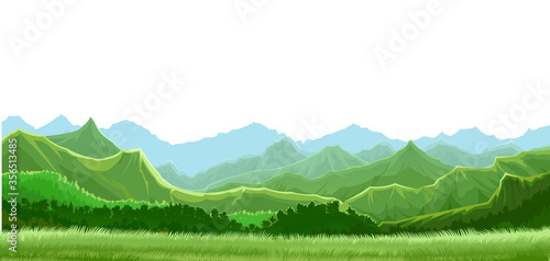 Mountains in the distance and grass in the meadow. Alpine pasture. Landscape with hills and skyline. Vector illustration isolated on a white background.