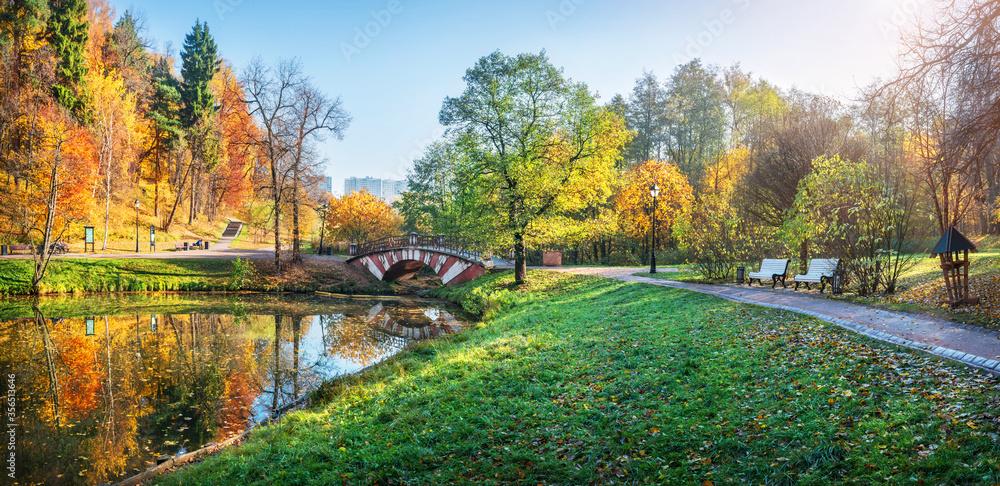 The bridge on the pond in Tsaritsyno in Moscow and colorful autumn trees