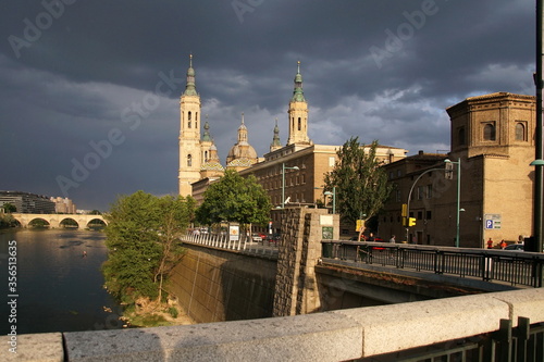 View at the Basilica of Our Lady of the Pillar in Zaragoza. Zaragoza is the capital city of the Zaragoza province and of the autonomous community of Aragon.