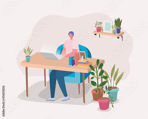 Man working with laptop on desk design of Stay at home theme Vector illustration