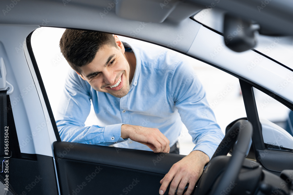 Beautiful smiling guy examining car before buying