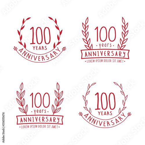 100 years anniversary logo collection. 100th years anniversary celebration hand drawn logotype. Vector and illustration.

