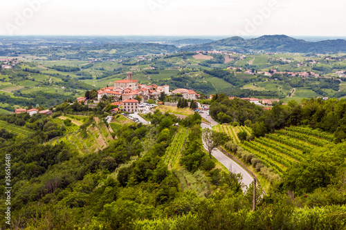 The view from the heights of the mountains  fields  and vineyards of the Italian foothills of the Alps