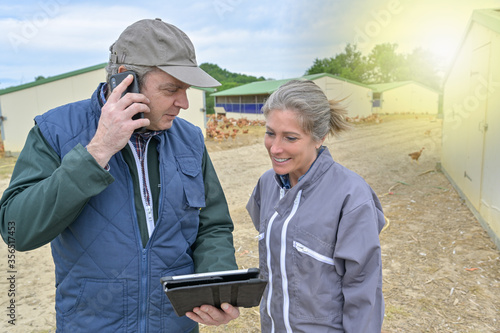 Photos Veterinary and female farmer analysing the growth of the chicken breeding on a t