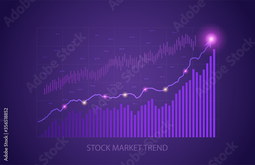 Increasing upward stock market trend with fluctuating purple electronic graph showing growing value in a financial and economic concept, colored vector illustration