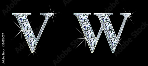 Diamond alphabet letters. Stunning beautiful V, W jewelry set in gems and silver. Vector eps10 illustration.