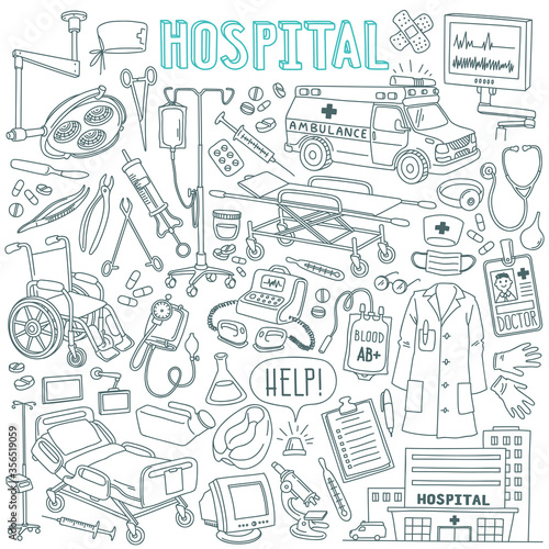 Hospital and health care outline drawings set.  Wheelchair, surgery instruments and light, doctor coat, ambulance car, drugs, pills, medicine. Vector illustration isolated on white background.