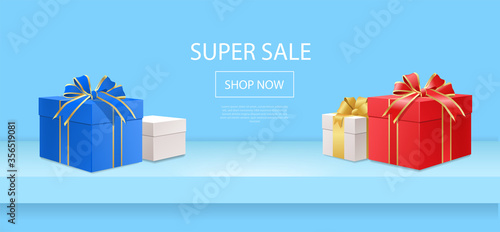 Super Sale concept with colorful boxed gifts on a blue counter with central copy space and text, colored vector illustration