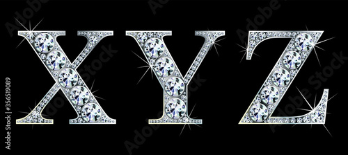 Diamond alphabet letters. Stunning beautiful X ,Y, Z jewelry set in gems and silver. Vector eps10 illustration.