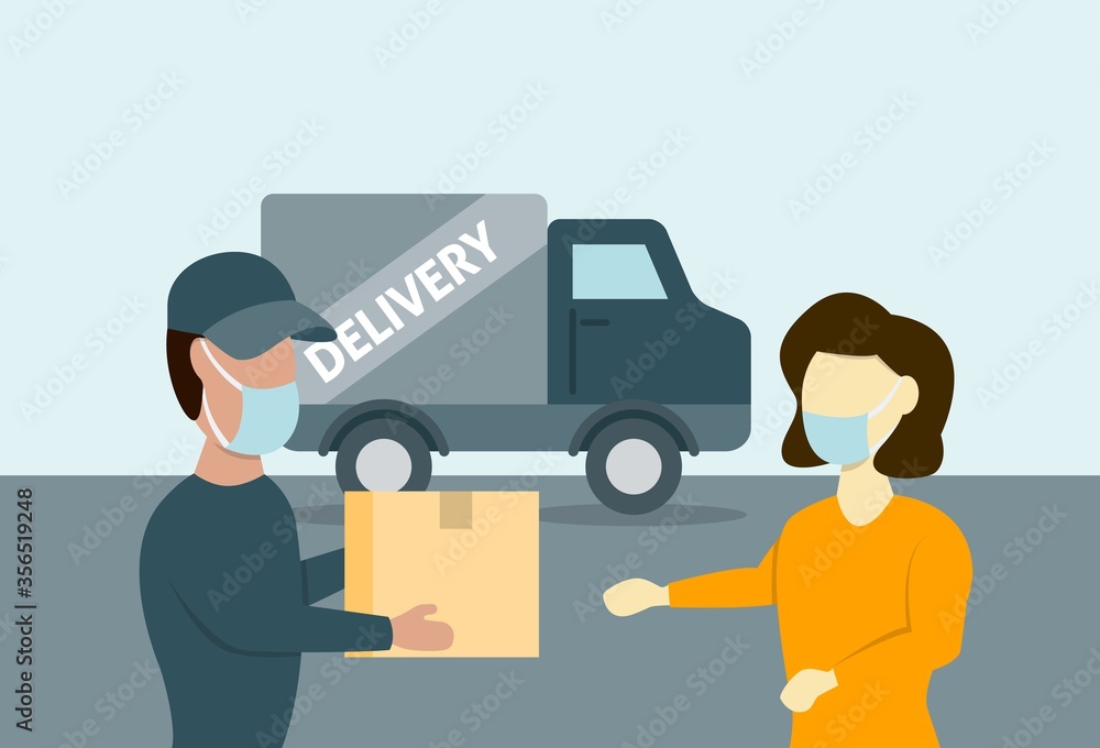 Courier in the face mask brought parcel to woman by delivery truck. Safe delivery during the coronavirus epidemic Courier in the face mask brought parcel to woman by delivery truck. Safe delivery during the coronavirus epidemic
