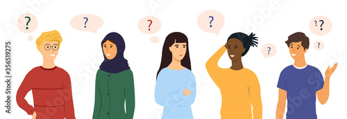 Set of five diverse thoughtful people with puzzled or quizzical expressions and floating question marks on white, colored vector illustration