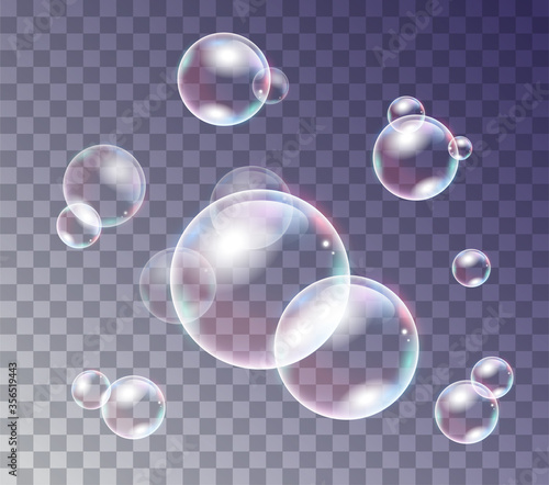 Iridescent water or soap bubbles of assorted sizes for design elements, colored vector illustration