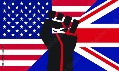 Black Lives Matter fist on UK and USA flags background