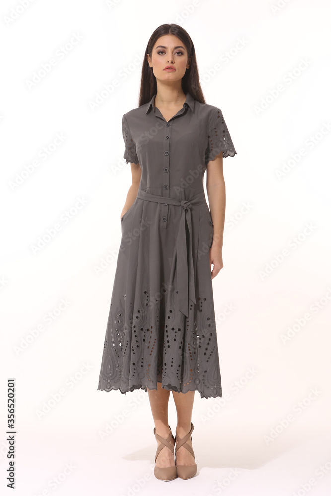 business woman executive posing in formal striped long skirt summer dress business woman executive posing in formal striped long skirt summer dress