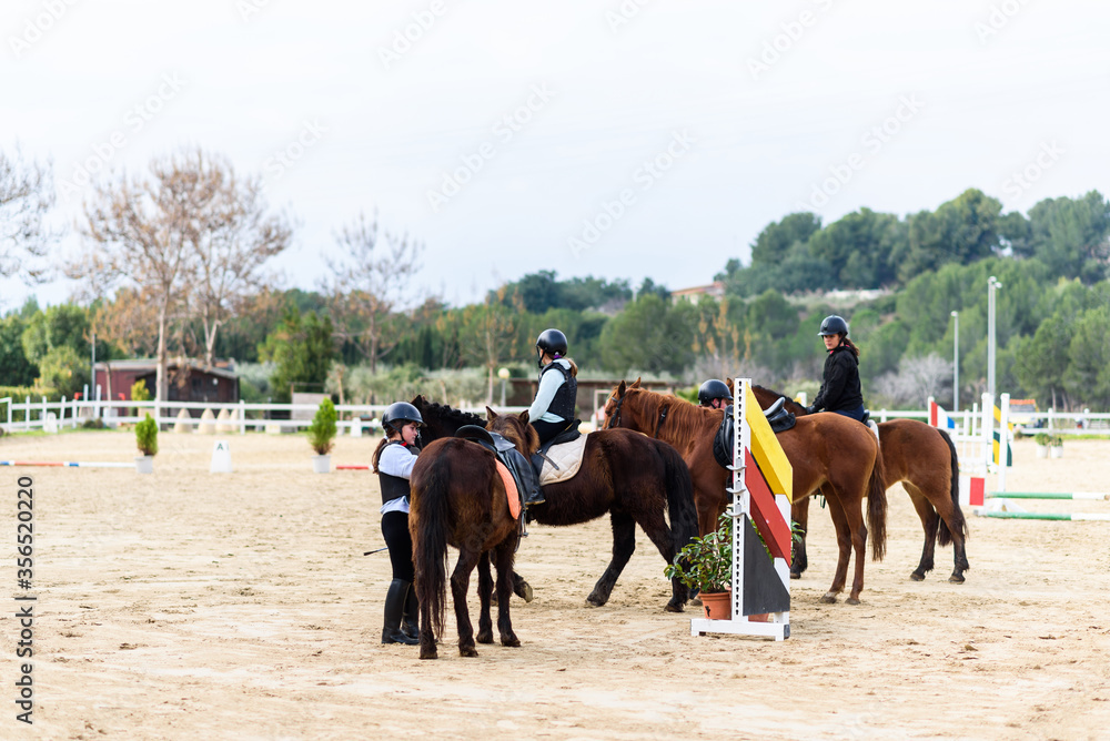 Teen jockeys in helmets communicating with each other while riding obedient horses on sandy dressage arena during lesson in equestrian school Teen jockeys in helmets communicating with each other while riding obedient horses on sandy dressage arena during lesson in equestrian school