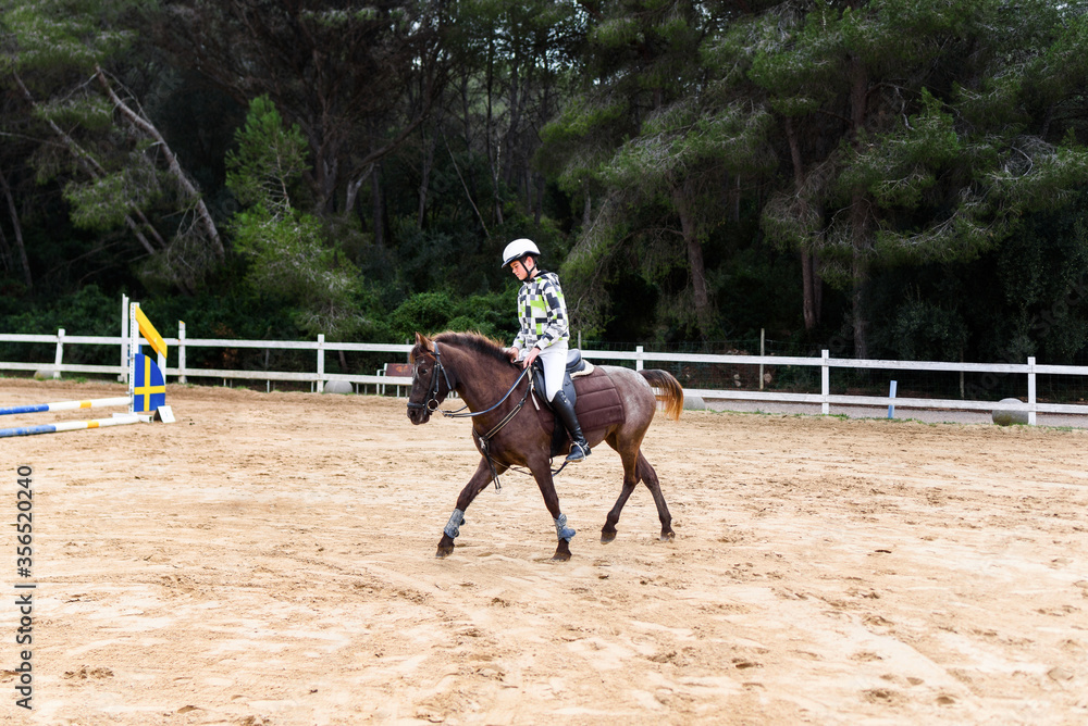 Teen boy jockey in helmet riding brown horse on dressage arena during training in equestrian school Teen boy jockey in helmet riding brown horse on dressage arena during training in equestrian school