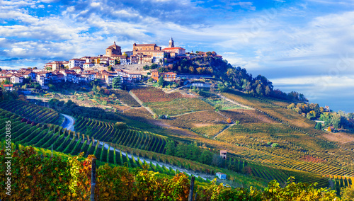 Golden vineyards and picturesque villages of Piedmont. famous wine region of northern Italy photo
