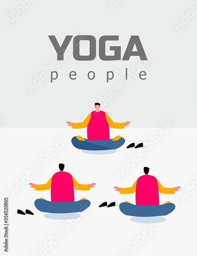 Three man doing yoga vector illustration. Collective meditation in lotus pose. People crossed legs sitting and spiritualy practicing. Budhists exercise in a apartment. Relaxing atmosphere.