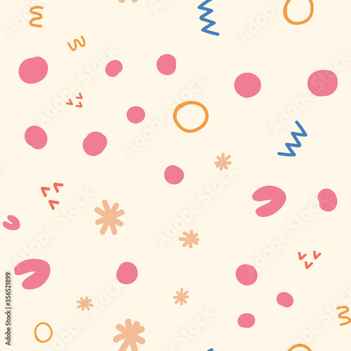Abstract shapes seamless pattern. Festive background with colorful sprinkles and dots. Vector illustration design.