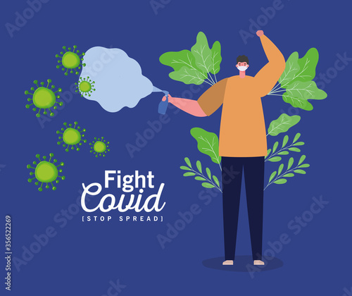 Man with mask and spray with smoke design of Fight covid 19 virus and stop spread theme Vector illustration