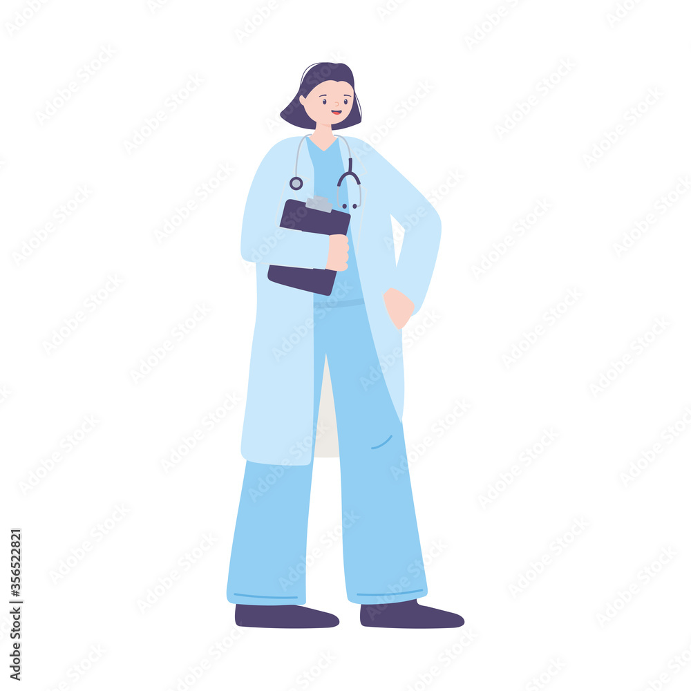 female doctor character with stethoscope and medical report