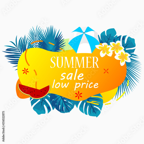 summer sale low price poster promotion with liquid shape and topical floral frame