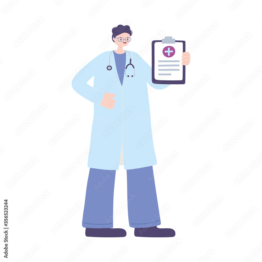 male physician with professional with medical report stethoscope staff character male physician with professional with medical report stethoscope staff character