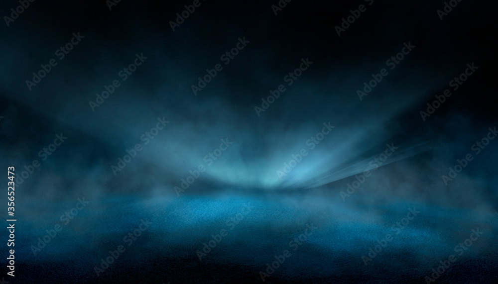 Obraz premium Dark street, wet asphalt, reflections of rays in the water. Abstract dark blue background, smoke, smog. Empty dark scene, neon light, spotlights. Concrete floor