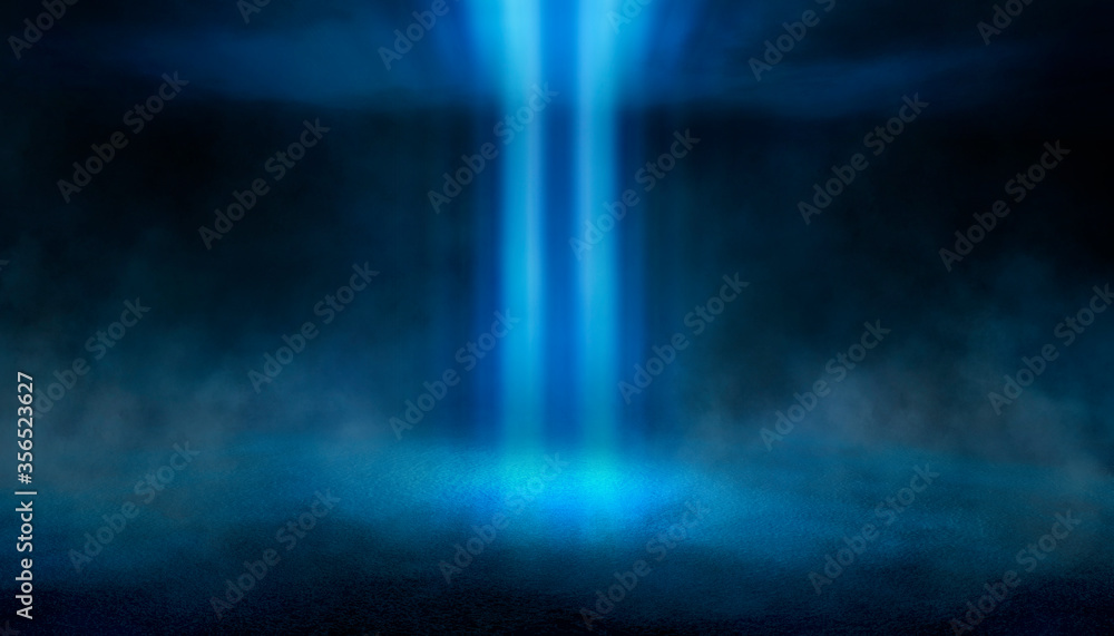 Dark street, wet asphalt, reflections of rays in the water. Abstract dark blue background, smoke, smog. Empty dark scene, neon light, spotlights. Concrete floor Dark street, wet asphalt, reflections of rays in the water. Abstract dark blue background, smoke, smog. Empty dark scene, neon light, spotlights. Concrete floor
