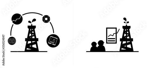 Oilfield digitalization icon, big data analytics, Internet of things and production monitoring icon set. Symbols of drilling rigs with digital tools and oil workers. Crude oil drops spouting from rigs