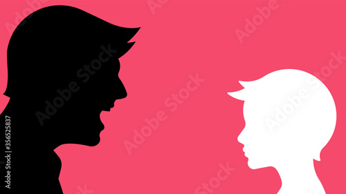 The father scolding his son. Silhouettes of parent and child. Education, punishment, suppression, abuse, growing up.