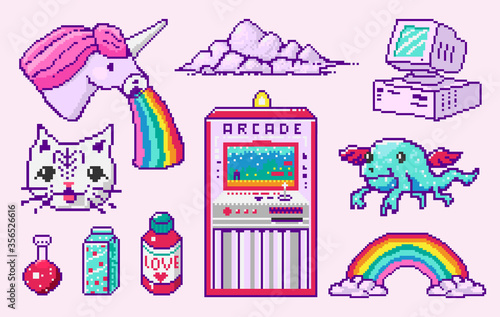Pixel art 8 bit objects. Character Pony Cloud Rainbow Unicorn. Retro digital game assets. Pink fashion icons. Vintage girly stickers. Arcades Computer video. 