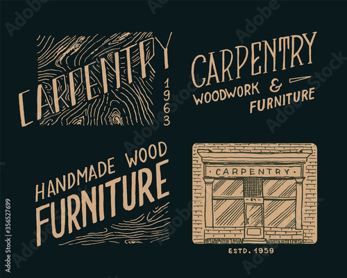 Wooden labels for Workshop or signboards. Vintage logo, Badges for typography or t-shirts. Hand Drawn engrave sketch.