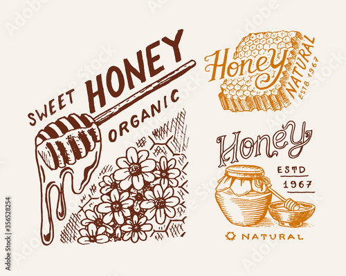 Honey and honeycombs, bee labels. Vintage logo for typography, shop or signboards. Badge for t-shirts. Hand Drawn engrave sketch. Vector illustration.