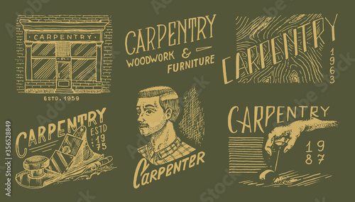 Wooden labels set for Workshop or signboards. Woodworker carpenter man, joiner and furniture. Vintage logo, Badges for typography or t-shirts. Hand Drawn engrave sketch.