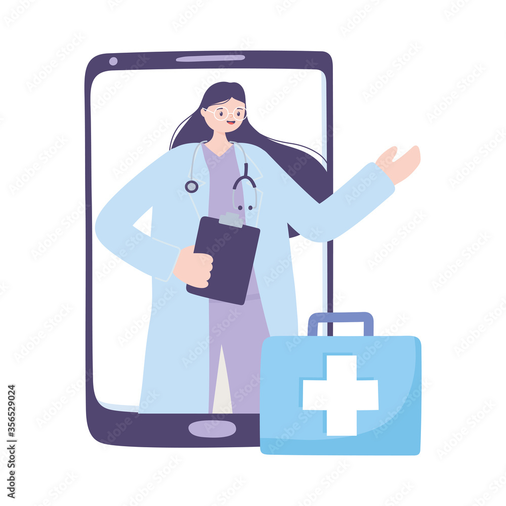 telemedicine, female doctor clipboard and suitcase, smartphone remote consultation treatment and online healthcare services