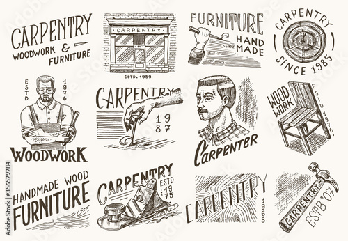 Wooden labels set for Workshop or signboards. Woodworker carpenter man, joiner and furniture. Hammer and chair. Vintage logo, Badges for typography or t-shirts. Hand Drawn engrave sketch.