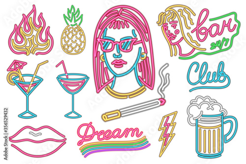 Set of fashion neon sign. Night light signboard, Glowing banner. Summer emblem. Club Bar logo on dark background. Flames beer cigarette lips cocktail pineapple. Editable Pink Girl in glasses.