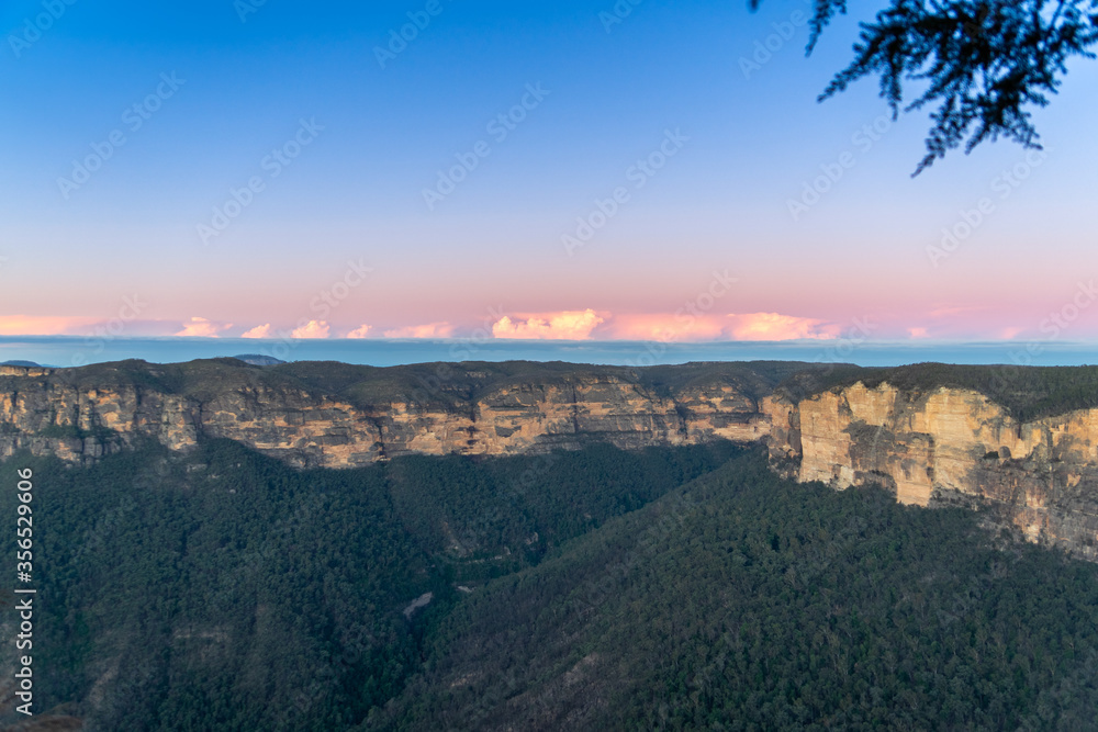 Sunset view in the Blue Mountains, New South Wales, Australia from the Grand canyon lookout