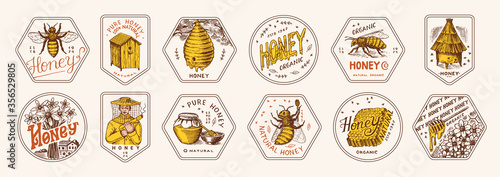 Honey and bees stickers set. Beekeeper man and Honeycombs and hive and apiary. Vintage logo for typography, shop or signboards. Badge for t-shirts. Hand Drawn engrave sketch. Vector illustration.