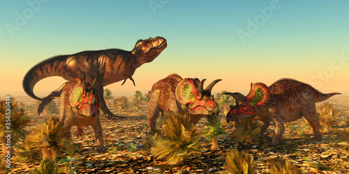 Triceratops Dinosaurs in Danger - A group of male Triceratops dinosaurs become alarmed as a Tyrannosaurus rex carnivore eyes them as prey in Jurassic North America. © Catmando