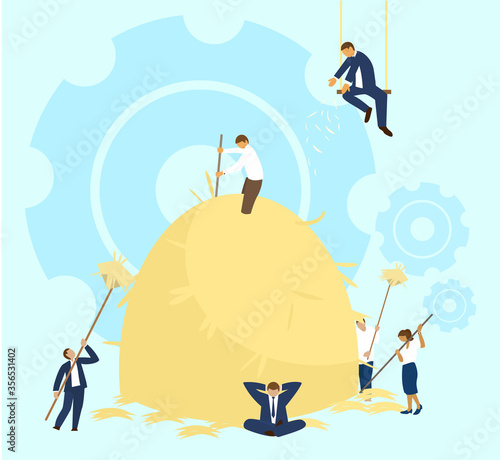 Flat vector illustration of team work process.Tiny people in business suits collect hay into one big haystack.