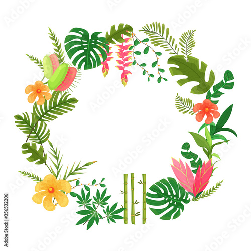 Beautiful frame with jungle leaves, flowers