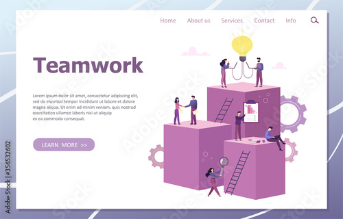People work in a team and interact with schedules. Business, workflow management and office situations. Landing page template. Development of a new idea. Vector illustration. © EkaterinaGr