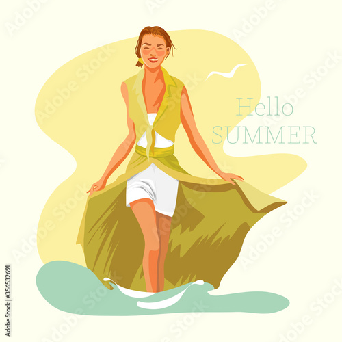 Hello summer. Happy girl in a beach sundress and shorts walks along the seashore in the summer heat. Vector retro illustration. 