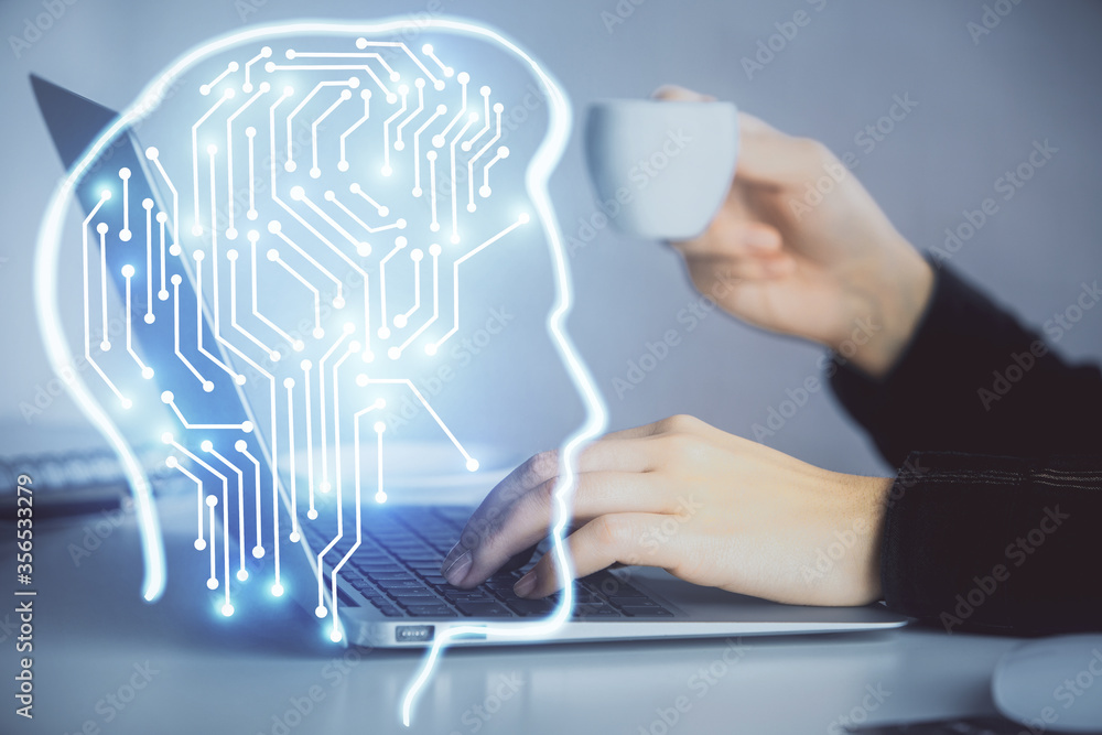 Multi exposure of woman hands working on computer and human brain hologram drawing. Ai tech concept. Multi exposure of woman hands working on computer and human brain hologram drawing. Ai tech concept.